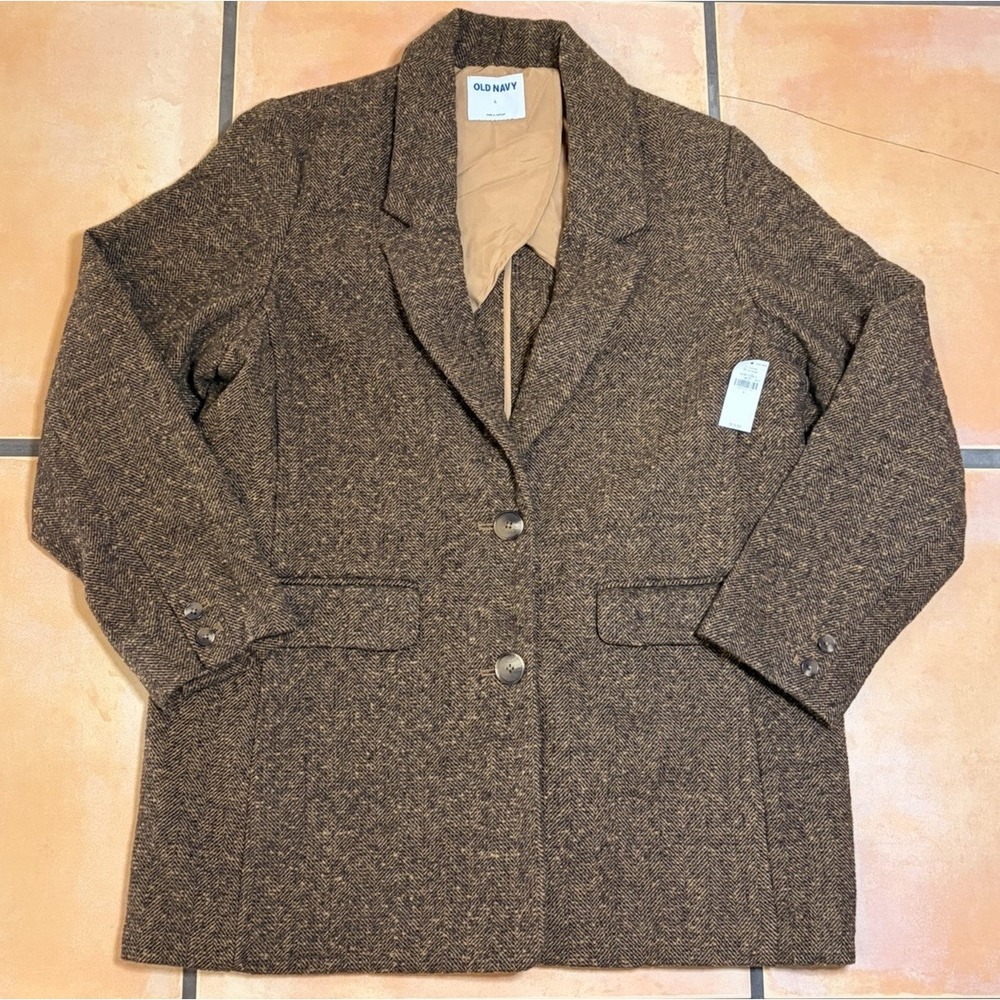 NWT Women's Old Navy LARGE Soft Brushed Oversized Blazer Brown Herringbone